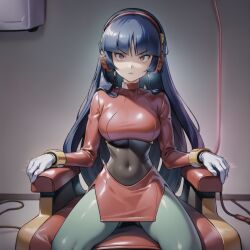 ai_art angry blue_hair bodysuit chair darklord3014_(generator) empty_eyes expressionless femsub gloves glowing headphones latex legs long_hair nintendo pokemon pokemon_firered_and_leafgreen psychic red_eyes sabrina sitting tech_control tubes wires