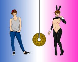  abs absurdres before_and_after bow_tie breasts brown_eyes brown_hair bunny_ears coin cuffs earrings freckles hat high_heels jeans light_skin mspainter nail_polish navel nipples pussy red_lipstick reverse_bunnysuit short_hair simple_background small_breasts smile sneakers spiral_eyes standing symbol_in_eyes tank_top tomboy 