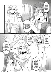bottomless breasts camera comic dialogue drool empty_eyes femdom femsub greyscale hard_translated kazuha kissing large_breasts long_hair marialite masturbation monochrome nude panties possession skinsuit tagme text topless translated twintails underwear undressing
