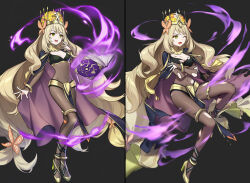 ai_art amadeus_(generator) blonde_hair book breasts cape celine_(fire_emblem) clothed corruption cosplay costume crossed_arms crown empty_eyes female_only femsub fire_emblem fire_emblem_awakening fire_emblem_engage floating green_eyes happy_trance high_heels levitation magic nintendo princess royalty simple_background smile solo tharja torn_clothes very_long_hair