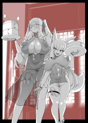  absurdres animal_ears bangs breasts china_dress drill_hair empty_eyes fan_no_hitori fangs female_only femsub fishnets food fox_ears fox_girl garter gloves greyscale hair_ribbon happy_trance heart_pasties huge_breasts jk_exorcism_club kuzunoha_gozen long_hair looking_at_viewer monochrome multiple_girls multiple_subs nanako_von_meinsfelt open_mouth panties pasties pussy_juice see-through smile standing steam tail talisman thick_thighs thighhighs thong tray twintails underwear vibrator waitress 