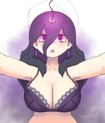  absurdres black_eyes black_hair bra breasts cleavage empty_eyes female_only femsub hex_maniac hypnoink large_breasts milf nintendo open_mouth pendulum pokemon pokemon_legends_z-a signature simple_background solo spiral_eyes standing zombie_walk 