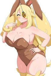  aikometsu blonde_hair blush breasts bunny_girl cleavage coin cynthia fake_animal_ears female_only femsub glowing glowing_eyes hand_on_hip happy_trance huge_breasts large_hips long_hair looking_at_viewer lopunny manip misterman4_(manipper) nintendo pendulum pokemon pokemon_diamond_pearl_and_platinum smile solo spiral_eyes symbol_in_eyes tagme thighhighs 
