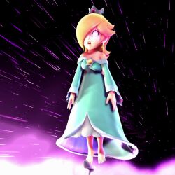 animated barefoot blonde_hair breasts crown dress earrings expressionless feet female_only femsub floating hair_covering_one_eye high_heels large_breasts long_hair nintendo onmodel3d open_mouth princess_rosalina slouching solo spiral_eyes super_mario_bros. symbol_in_eyes video