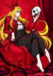  alternate_costume alternate_hairstyle barefoot blonde_hair blood clothed coat crossed_legs don_quixote_(limbus_company) eye_color_change feet femsub flower flower_in_hair four-hundred_roses hair_growth hypnotic_plant limbus_company non-binary non-binary_dom possession red_eyes roses sitting skull slit_pupils surplus9570 very_long_hair 