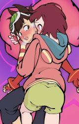  ass blush brown_eyes brown_hair capcom clothed eye_color_change femdom femsub fingerless_gloves from_behind geo_stelar glasses glasses_on_head gloves heterosexual hypnotized_dom love malesub megaman_(series) megaman_star_force on_back open_mouth pants pinemeteo_(meteomu) pink_eyes shirt short_hair shorts sonia_strumm sweat 