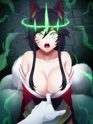 ahri animal_ears black_hair cleavage collarbone drool expressionless female_only femsub fox_ears glowing_eyes green_eyes incognigoat large_breasts league_of_legends long_hair multiple_tails open_mouth pov pov_dom robe ruination viego_(league_of_legends) 