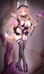  blush breasts clothed_exposure corruption eye_color_change eyeshadow fox_ears fox_girl fox_tail garter_straps large_breasts lipstick long_hair long_nails looking_at_viewer maho_(princess_connect) nail_polish navel penis perianist princess_connect!_re_dive purple_eyes smile thighhighs thighs tongue tongue_out 