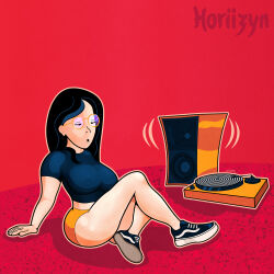  absurdres bare_legs black_hair breasts erect_nipples female_only femsub glasses horiizyn hypnotic_audio hypnotic_music large_ass large_breasts large_hips legs music_player open_mouth original short_shorts sneakers unaware 