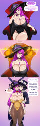  absurdres bangs before_and_after bow bow_tie breast_grab breasts bunny_girl bunnysuit choker cleavage collarbone crossed_legs cuffs denial dialogue drool elf_ears ereme_(bobbette) fake_animal_ears female_only femdom femsub gloves groping happy_trance hat huge_breasts hypnotic_eyes instant_loss large_breasts magic magician multicolored_hair natasha_hinoa_(anno) necklace open_mouth original pantyhose pink_hair purple_eyes purple_hair shinzu short_hair simple_background sitting smile sparkle speech_bubble spiral stage_hypnosis standing symbol_in_eyes text unaware very_long_hair witch witch_hat yellow_eyes 