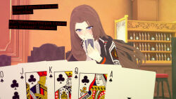 3d aware before_and_after blue_eyes blush brown_hair bunny_ears bunnysuit card cleavage cyanstargazer empty_eyes fishnets gameplay_mechanics happy_trance heart_tattoo identity_swap instant_loss koikatsu! large_breasts limbus_company long_hair rodion_(limbus_company) russian_language smile tattoo text thighhighs very_long_hair waitress