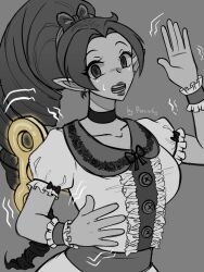 alternate_costume body_control choker clothed dancing dollification elf_ears embarrassed female_only femsub greyscale hypnotic_accessory monochrome porniky resisting shantae shantae_(series) source_request unhappy_trance wind-up_key