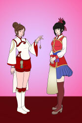 bangs black_hair boots bracelet brown_eyes brown_hair clothed eyeshadow female_only femsub grey_eyes hair_bun hair_ornament high_heels hypnotized_hypnotist katsiika multiple_girls multiple_subs open_mouth pendulum shorts shrunken_irises skirt