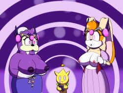  breasts bunny_girl chao discolored_nipples dr._chaos expressionless femsub furry glowing glowing_eyes hypnotic_accessory lady_walrus large_breasts multiple_subs open_clothes orange_hair purple_hair shrunken_irises sonic_boom sonic_the_hedgehog_(series) standing standing_at_attention tech_control tusks vanilla_the_rabbit walrus_girl 