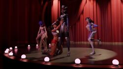  3d breasts chicken_pose d.va female_only hand_on_head juno_(overwatch) kneeling magician multiple_girls overwatch pet_play pocogoco sleeping stage_hypnosis symmetra vendetta_(overwatch) 