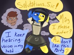  arms_above_head assimilation black_hair blue_skin ena ena_(character) femdom flat_chest happy_trance hypnoposting identity_swap kneeling living_costume malesub null_bulge resisting ring_eyes simple_background speech_bubble text thought_bubble weak_resistance yellow_skin 
