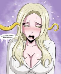  all_the_way_through assassination_classroom blonde_hair blush brain_injection cleavage dialogue drool ear_sex eye_roll femsub hypnotic_tentacle irina_jelavic polmanning ring_eyes speech_bubble tentacles text 