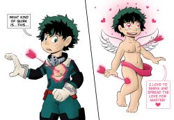  arrow barefoot before_and_after censored charm_(spell) convenient_censoring cupid dialogue floating freckles green_hair happy_trance heart heart_eyes izuku_midoriya male_only malesub mr.h my_hero_academia open_mouth short_hair sketch symbol_in_eyes text topless valentine&#039;s_day wings 