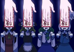 blonde_hair brown_hair drool female_only femsub green_hair long_hair marisa_kirisame open_mouth pinpoint_85 reimu_hakurei ribbon sanae_kochiya short_hair talisman touhou white_hair witch_hat youmu_konpaku zombie_walk