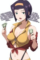  ai_art breasts collarbone cowboy_bebop drool empty_eyes expressionless faye_valentine female_only femsub green_eyes headband jacket looking_at_viewer maledom midriff minimimic_(generator) minimimic_(manipper) money navel open_mouth purple_hair short_hair simple_background stable_diffusion_(ai) suspenders text white_background 