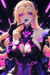  absurdres ai_art alternate_costume bare_shoulders blonde_hair breasts claws cleavage corruption dress durandal earrings femsub finger_to_mouth gloves glowing glowing_eyes honkai_impact_3rd large_breasts long_hair long_nails makeup necklace night opera_gloves pink_eyes purple_eyes seductive_smile skirt smile spiral standing tight_clothing xftriber 