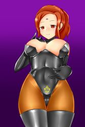  bare_shoulders breasts character_request crotch_tattoo empty_eyes face_paint female_only femsub gloves gradient_background happy_trance large_breasts leather leotard looking_at_viewer muutairiku3 nintendo opera_gloves orange_eyes orange_hair pantyhose pokemon ponytail purple_background rubber simple_background smile solo standing thigh_boots thighhighs 