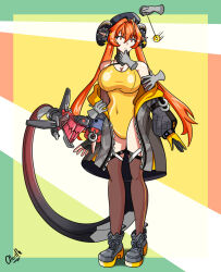  alerith androgynous_dom bare_shoulders breasts chin_hold cleavage clothed femsub fingerless_gloves gloves hat horns jacket large_breasts leotard long_hair navel open_clothes orange_hair orphie_magnusson pendulum phantom_hand shoes shrunken_irises signature simple_background sparkle standing tail thighhighs twintails undressing zenless_zone_zero 