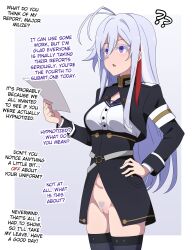 86_-eighty-six- absurdres ahoge altered_perception belt border bottomless confused dialogue english_text expressionless female_only femsub gradient_background guilegaze guilegaze_(manipper) hand_on_hip military_uniform no_panties open_mouth pubic_hair purple_eyes pussy silver_hair solo standing text thighhighs unaware very_long_hair vladilena_milize