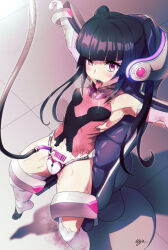  armpits barcode black_hair blush cables chastity corruption gloves glowing headphones heavy_eyelids high_heels leotard looking_at_viewer navel open_mouth opera_gloves pink_eyes pussy_juice restrained rubber senki_zesshou_symphogear shirabe_tsukuyomi signature small_breasts sweat tattoo tech_control thighhighs tongue tongue_out torn_clothes twintails uganda wires 