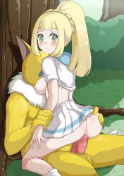  ass_grab blonde_hair blush breasts censored clothed clothed_exposure clothed_sex femsub green_eyes hypno lillie_(pokemon) maledom nintendo nivi outdoors pokemon pokemon_sun_and_moon ponytail skirt spiral_eyes vaginal yellow_skin 