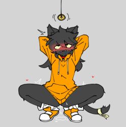  animal_ears arms_behind_back black_hair blush cat_ears cat_girl cat_tail clothed collar cum drool female_only femsub furry grey_background hoodie long_hair meo_(xiechai01) original pendulum simple_background squatting woot yellow_sclera 