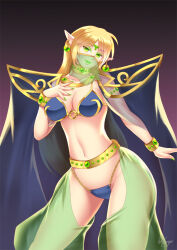 blonde_hair bra breasts cleavage collar dancer dancing deedlit earrings elf elf_ears empty_eyes femsub green_eyes happy_trance harem_outfit haryudanto hypnotic_accessory jewelry large_breasts lipstick long_hair makeup midriff nail_polish necklace record_of_lodoss_war see-through solo underwear veil