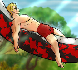  abs barefoot blonde_hair coils fairy_tail feet happy_trance laxus_dreyar loincloth male_only malesub muscle_boy scar short_hair smile 