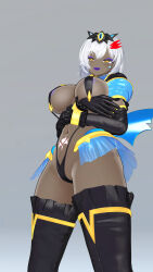  3d boots breasts chocc_chips cosplay crossed_arms crotch_tattoo cuffs dark_skin eyeshadow fangs female_only femsub gloves grey_background hair_ornament happy_trance lipstick looking_at_viewer makeup miniskirt navel opera_gloves original purple_lipstick short_hair skirt slave_gear_(ts_mahou_shoujo_nao!) sling_bikini solo standing thigh_boots thighhighs ts_mahou_shoujo_nao! vrchat white_hair yellow_eyes 
