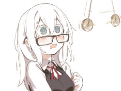  asutora asutora-chan blue_eyes blush breasts clothed coin drool female_only femsub glasses long_hair mole open_mouth original pendulum simple_background solo spiral_eyes symbol_in_eyes white_background white_hair 