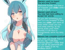 animal_ears blue_hair brain_drain breasts caption cleavage cosplay femdom glaceon hypnotic_breasts hypnotizedsamantha_(manipper) large_breasts looking_at_viewer manip nintendo pokemon pov pov_sub takeshima_(nia) text