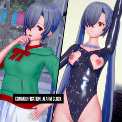 3d 8x9wo blue_hair bodysuit covered_with_cum drool female_only femsub happy_trance human_furniture inanimate_object koikatsu! long_hair original red_eyes robotization sequence symbol_in_eyes tech_control text translated