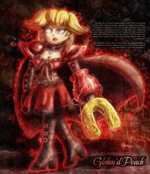  altered_common_sense altered_perception alternate_costume ameerashourdraws blonde_hair boots cape color corruption corset earrings eyelashes female_only gloves goth mario_&amp;_luigi:_brothership mario_&amp;_luigi_(series) necklace nintendo princess_peach red_eyes shoulder_pads skirt super_mario_bros. text 