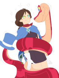 ace_attorney bondage brown_hair clothed coils femsub happy_trance hypnotic_eyes kaa_eyes magician maledom original plsgts saalim_(plsgts) short_hair simple_background smile snake trucy_wright white_background