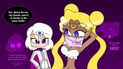 aged_up arms_above_head assertive_sub aware bare_shoulders blonde_hair blue_eyes cape chibi choker cleavage collarbone consensual dancer dancing dark_skin dialogue drool empty_eyes english_text eyebrows_visible_through_hair femdom femsub hand_on_hip happy_trance harem_outfit heterosexual hypnoscream hypnotized_dom hypnotized_hypnotist love maledom malesub midriff navel prince prince_demande purple_background royalty sailor_moon sailor_moon_(series) shiny_hair shiny_skin simple_background smile speech_bubble text third_eye twintails veil