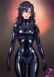 black_hair bodysuit breasts earrings empty_eyes expressionless eyeshadow femsub glowing_eyes latex lipstick long_hair makeup microchip orange_eyes original red_eyes red_lipstick rubber signature simple_background standing tech_control thigh_gap tight_clothing tsukikage_teto zipper