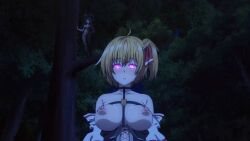blonde_hair character_request copyright_request exposed_chest expressionless femsub glowing_eyes huge_breasts screenshot short_hair side_ponytail