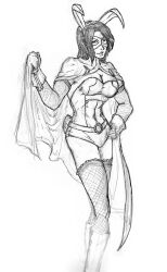  abs alternate_costume breasts bunny_ears bunnysuit cape cleavage cuffs dc_comics empty_eyes female_only femsub fishnets gloves happy_trance helena_bertinelli huntress large_breasts long_hair opera_gloves rotem_dishon sketch smile super_hero thighhighs 