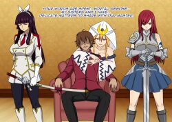  black_hair blonde_hair closed_eyes doggos_doujins empty_eyes erza_scarlet fairy_tail femsub happy_trance kagura_mikazuchi large_breasts long_hair maledom red_hair selene_(fairy_tail) tagme text 