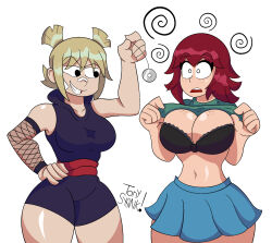  blonde_hair bra breasts female_only femdom femsub kim_pine open_mouth pendulum red_hair roxie_richter scott_pilgrim_(series) shirt_lift short_hair skirt smile smirk spiral thick_thighs tonyst0nk whitewash_eyes yuri 