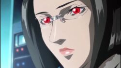 expressionless female_only femsub glasses glowing glowing_eyes ironman_(series) lipstick red_eyes screenshot