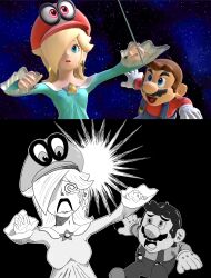  artist_request black_background blonde_hair blue_eyes breasts brown_hair cappy crossover femsub hair_covering_one_eye maledom mario mustache nintendo possession princess_rosalina spiralwash_eyes super_mario_bros. super_mario_odyssey super_smash_bros. surprised tears 