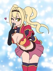 alternate_costume arm_warmers bent_over blonde_hair blowing_kiss breasts cleavage cygames female_only femdom femsub finger_to_mouth glace_(bluenayru_&amp;_hypnolandom) granblue_fantasy happy_trance heart large_breasts long_hair looking_at_viewer midriff miniskirt mythkaz nail_polish navel one_eye_open original posing possession skirt solo standing thighhighs thighs twintails v wink yellow_eyes zeta_(granblue_fantasy)