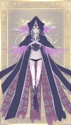 abigail_williams aged_up assertive_sub aura bare_legs boots border clothed collarbone corruption eldritch evil_smile eye_color_change fate/grand_order fate_(series) female_only femsub floating glowing hair_color_change hood legs levitation long_hair looking_at_viewer midriff navel pale_skin panties possession red_eyes smile solo thigh_gap third_eye toyyot underwear white_hair yog-sothoth 