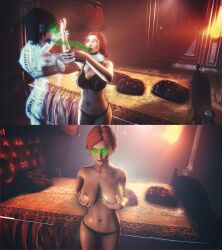  3d absurdres aware bare_shoulders before_and_after black_hair bra breasts cleavage collarbone comic erect_nipples femdom femsub glowing_eyes green_eyes halloween huge_breasts juxtasuperpostion large_hips lingerie long_hair navel orange_hair panties possession short_hair source_filmmaker standing tagme the_witcher the_witcher_3 triss_merigold unaware 